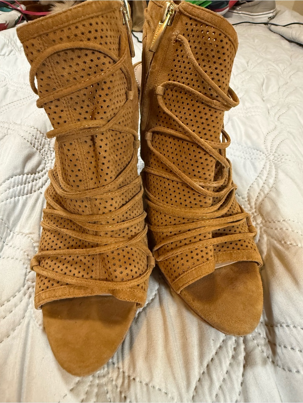 Vince Camuto Tan Perforated Suede Lace-Up Wedge Sandals - Picture 4 of 13
